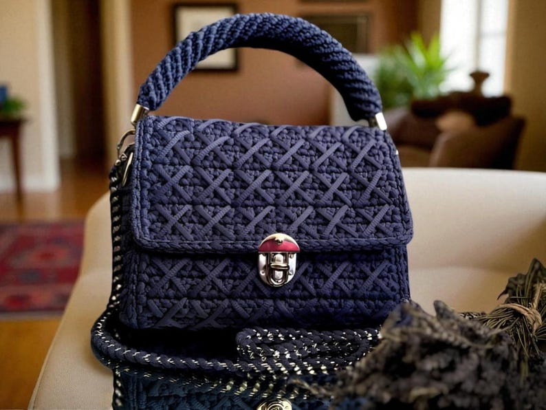 May include: A navy blue handbag with a woven pattern and a matching braided handle. The bag features a silver clasp and chain strap. The bag is sitting on a white surface.