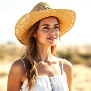 May include: A woman wearing a wide-brimmed, woven straw hat. The hat is a light tan colour and has a slightly textured appearance. She is also wearing a white sundress. The background is a blurred, sunlit outdoor scene.