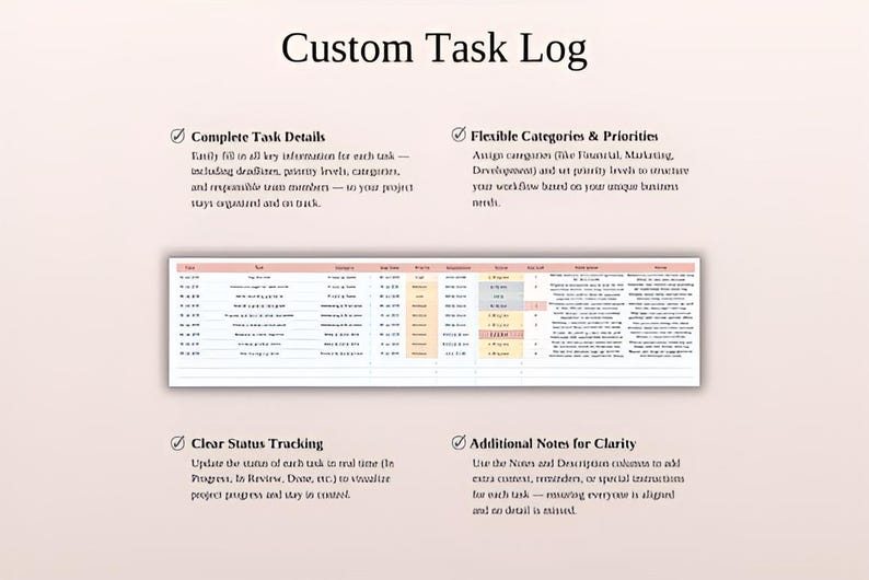 以下が含まれることがあります： ピンクと白のデザインの「Custom Task Log」というタイトルのデジタルドキュメント。タスクの詳細、カテゴリ、優先順位、ステータス追跡、メモのセクションが含まれています。テキストはサンセリフフォントです。
