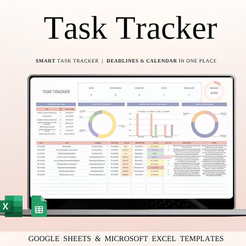 以下が含まれることがあります： ラップトップの画面に「Task Tracker」スプレッドシートテンプレートが表示されています。画面には、「SMART TASK TRACKER | DEADLINES & CALENDAR IN ONE PLACE」というテキストとともに、データグラフと表が表示されています。ExcelとGoogle Sheetsの2つの緑色のアイコンが左下にあります。