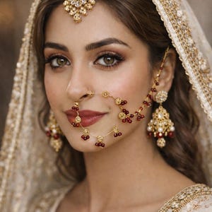 Gold Bridal Nath | Traditional Indian Nose Ring with Red Beads