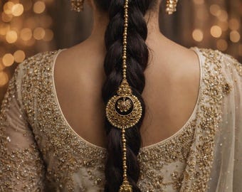 Joyería para el cabello Parandi nupcial paquistaní – Accesorio trenzado de perlas doradas / Boda, Mehndi & Nikkah Hairpiece