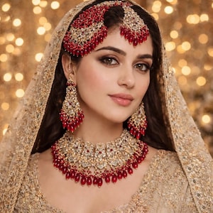 Pakistański zestaw biżuterii ślubnej – czerwony naszyjnik Kundan, Matha Patti i kolczyki ślubne