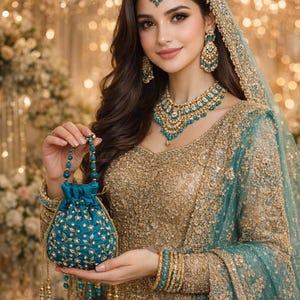 Op de afbeelding: Een sierlijk goud- en turquoise ensemble, met een zwaar versierde jurk en bijpassende sieraden. De outfit bevat een turquoise trekkoordtas met gouden accenten. De sieradenset bestaat uit een ketting, oorbellen en een hoofdband.