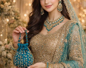 Handmade Teal Silk Potli Bag | Beaded Bridal Handbag, Pakistani Wedding