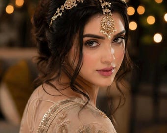 Royal Kundan Borla Matha Patti – Copricapo da sposa color oro, perle finte, tikka per la fronte ispirato allo stile Mughal