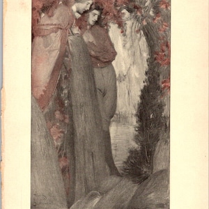 May include: Vintage sepia-toned illustration depicting three figures in a serene outdoor setting. The figures are partially obscured by foliage, with one figure in a flowing gown. The text at the bottom reads, "Lulling and soothing the mind into a quietude."