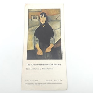 May include: A vintage poster advertising an exhibition of the Armand Hammer Collection, featuring a painting of a woman in a black dress sitting on a bed. The text on the poster reads "The Armand Hammer Collection Five Centuries of Masterpieces Norton Gallery of Art January 20-March 15, 1981 This exhibition is made possible by The Armand Hammer Foundation and Occidental Petroleum Corporation."