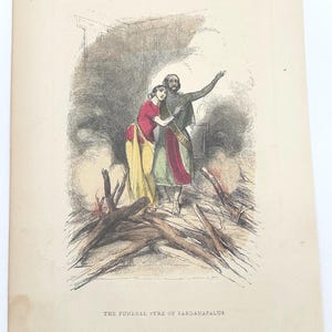 Antique 1853 Hand-Colored Engraving “Funeral Pyre of Sardanapalus”