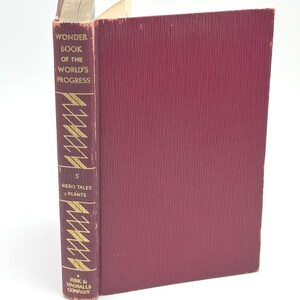 Op de afbeelding: Een vintage hardcover boek in bordeauxrood met de titel "Wonder Book of the World's Progress". De rug heeft gouden letters en de tekst "Hero Tales & Plants". De omslag heeft een gestructureerd patroon.