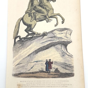 Antique 1853 Hand-Colored Engraving – Bronze Statue of Peter the Great, St. Petersburg Russian History Print