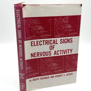 May include: A hardcover book titled Electrical Signs of Nervous Activity by Joseph Erlanger and Herbert S. Gasser. The dust jacket is deep red and white, featuring white line graphs and scientific data plots across the front and spine.