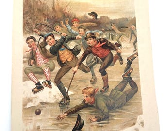 1893 Stanley Berkeley Chromolitho Hockey auf dem Eis Antique Winter Sport Druck