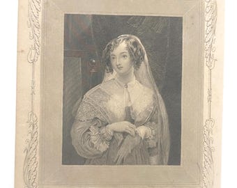 Antyczna stalorytnicza rycina z 1852 r. „Młoda panna młoda” – romantyczna sztuka ścienna w stylu wiktoriańskim