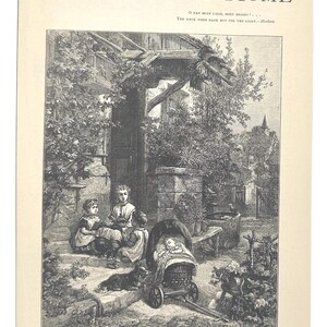 May include: An antique illustration from "The Sunday at Home" magazine. The image depicts a family scene with children, a baby in a stroller, and a dog. The text at the top reads "The Sunday at Home". The image is in black and white.