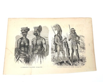 Antique 19thC Ethnographic Engraving – Romanoff Islanders & Dyak Warrior [E1]