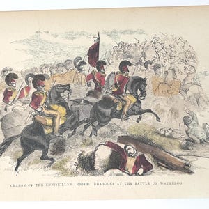 1850s Hand-Colored Engraving – Charge of the Enniskillen Dragoons at Waterloo