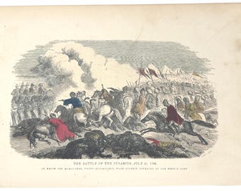 May include: An antique print depicting a historical battle scene, titled "The Battle of the Pyramids, July 21, 1798." The image shows soldiers on horseback and on foot, with flags and tents in the background. The print is on aged paper.