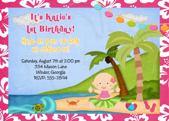 Baby Girl Luau Birthday Invitation First Birthday Luau Luau Etsy