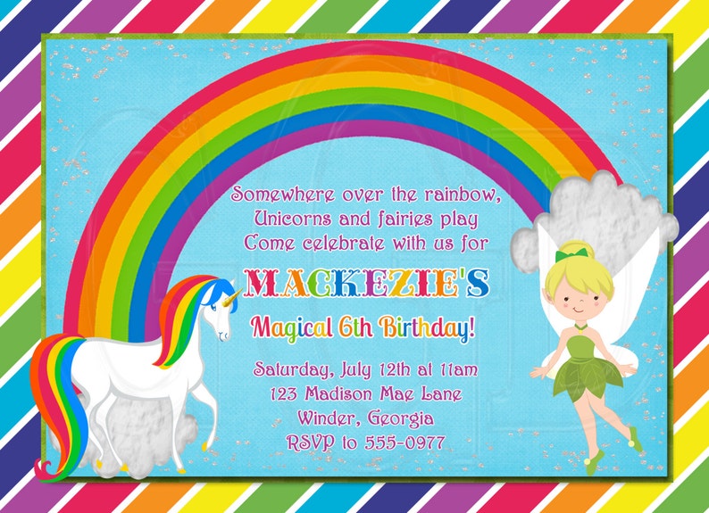 unicorn fairy rainbow birthday invitation tinkerbell