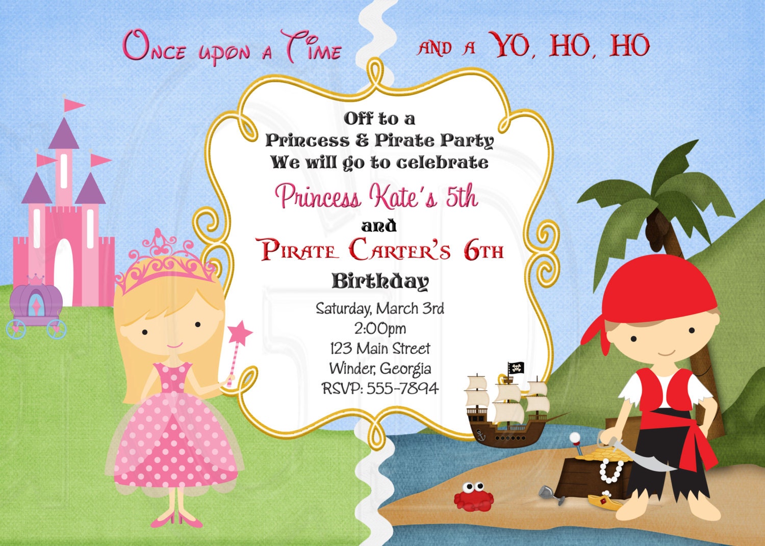 Pirate And Princess Birthday Invitation Pirate Princess Etsy
