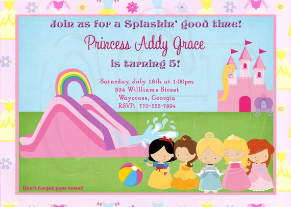 princess waterslide birthday invitation princess inflatable party princess theme party princess splash party inspired digital file birthday invitation princess theme