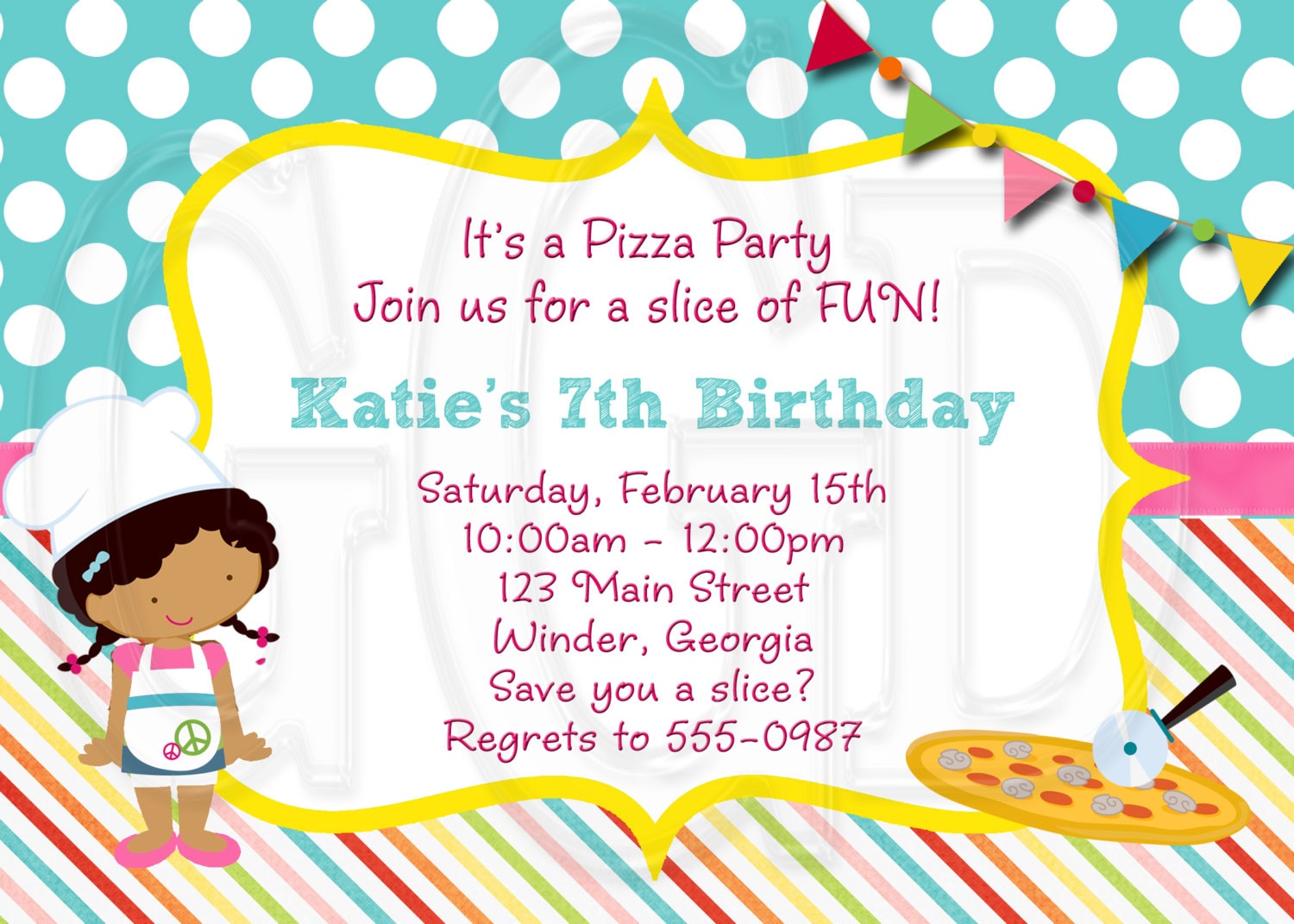 Pizza Party Invitation Little Girl Pizza Party Pizza Etsy
