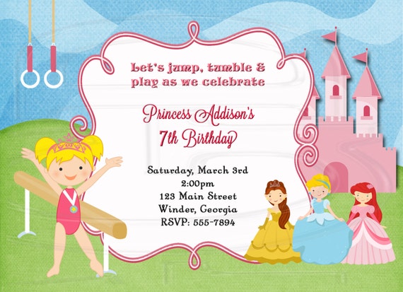 princess gymnastics birthday invitation princess gymnastics party princess theme party princess invite gymnastics princess digital file birthday invitation princess theme