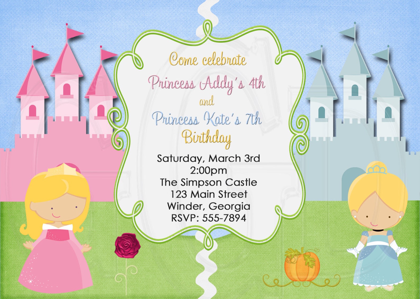 Invite brother. Princess Invitation. Double Birthday.