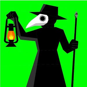 Puede incluir: Ilustración vectorial de un médico de la peste con túnica y sombrero negros, sosteniendo una linterna con una llama naranja. El médico lleva una máscara blanca con forma de pico y lleva un bastón. El fondo es verde brillante.