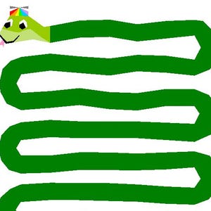 Może przedstawiać: Ilustracja długiego, zielonego węża z jasną głową, małym różowym językiem i kolorową czapką z śmigłem w paski tęczy na głowie. Ciało węża jest ułożone w serię poziomych pętli, kończących się zakręconym ogonem.