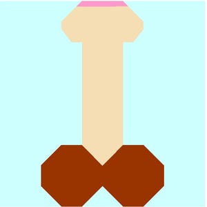 May include: A stylised graphic illustration featuring a central vertical beige column with a rounded top section topped by a small pink horizontal bar, flanked at the base by two symmetrical brown octagonal shapes against a light blue background.