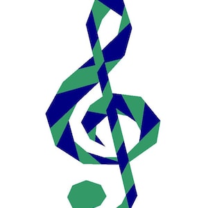 Peut inclure: Une clé de sol représentée dans un style géométrique et facetté. Le motif présente des rayures diagonales alternées de bleu marine foncé et de vert émeraude vif, créant une apparence segmentée et angulaire sur toute la notation musicale.