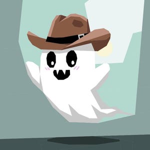 May include: A cartoon illustration of a white ghost wearing a brown cowboy hat. The ghost has a black mouth and eyes, with pink blush marks on its cheeks. The background is a light blue and gray color.