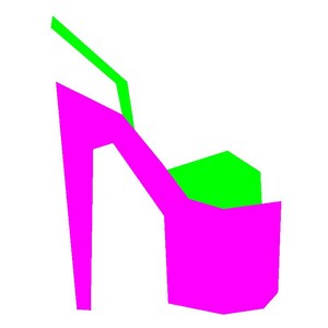 May include: A high-heeled platform shoe rendered in a flat, graphic style. The design features a vibrant magenta main body with a tall, blocky heel and a thick platform sole. A bright lime green strap extends upward, contrasting with the magenta.