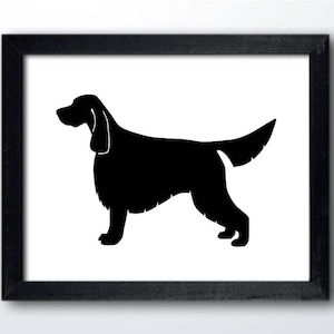 May include: Black silhouette of an Irish Setter dog standing on a white background.