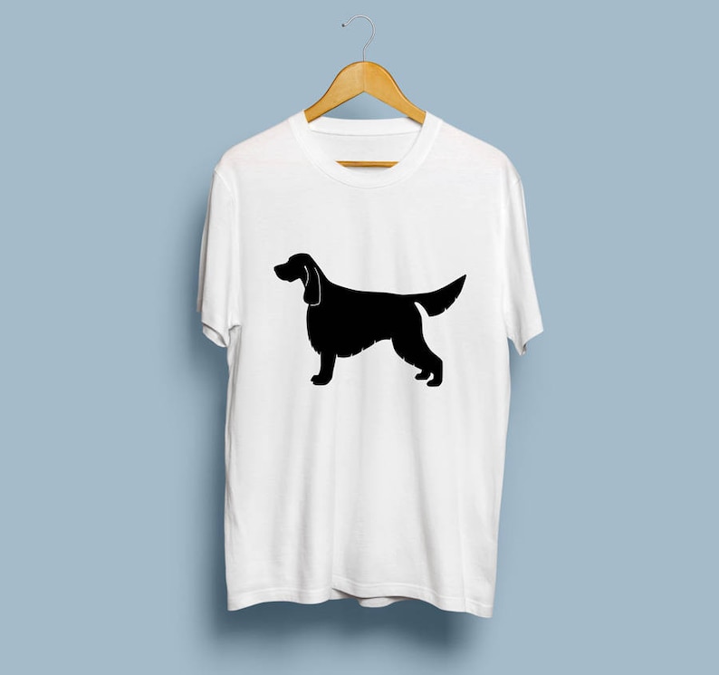 May include: White t-shirt with a black silhouette of a Gordon Setter dog.