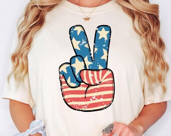 American Flag Peace Sign Shirt, 4th of July Shirt, Hand Peace Sign Shirt, Patriotic Tshirt, Retro Peace Sign USA Flag,