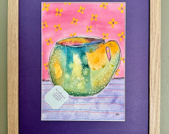 Original Unikat Kunst: Wunderliche Aquarell Teetasse 200x300 mit Blumen - Kostenloser Versand!