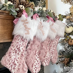 Wild Rose Lynx Christmas Stocking, Rosewater Pink Xmas Decor, Personalized Baby Girl Christmas Stocking, Sparkle Christmas Decor, Mauve Gift