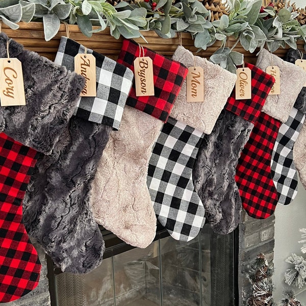Buffalo Check stocking, Plaid Christmas Stocking, Personalized Fur Xmas Decor, Farmhouse Stocking, Personalized Wood tag, Minimalist Decor