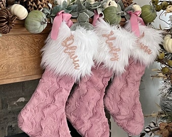 Woodrose Christmas Stocking, Rosewater Pink Xmas Decor, Personalized Baby Girl Christmas Stocking, Sparkle Christmas Decor, Mauve Stocking
