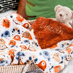 Heads Up Natural and You Choose Minky Color,  Baby Blanket, Newborn Girl or Newborn Boy, Baby Shower Gift, Safari Animals