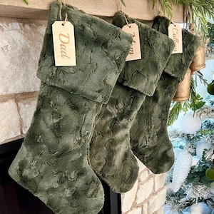 Personalized stocking, Chive Moss Green Christmas stocking, Personalized Fur Christmas stocking, farmhouse Xmas stocking, Wood tag