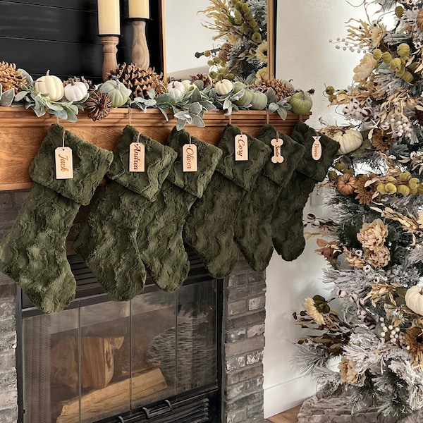 Personalized stocking, Moss Green Christmas stocking, Personalized Fur Christmas stocking, farmhouse Xmas stocking, Personalized Wood tag