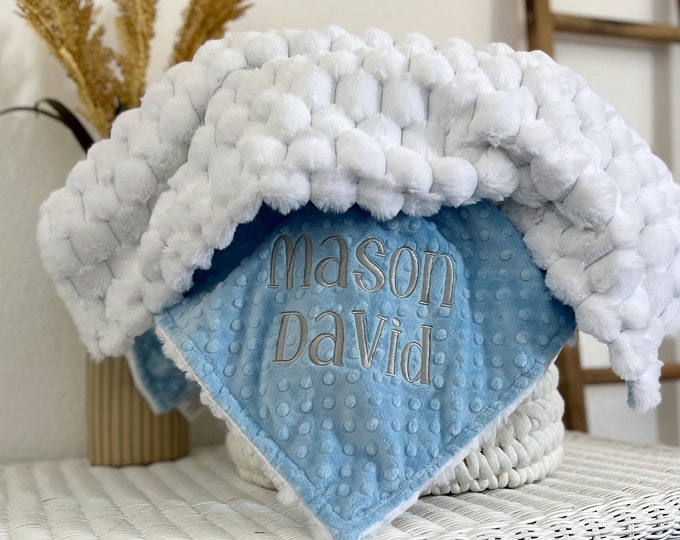 Personalized Baby Blanket, White Cloud Nora Minky and You Choose Minky Dot Color, Newborn Baby Boy gift, Embroidered Baby Blanket Gift