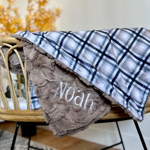 Personalized Blanket, Gray Plaid and Minky Back Blanket, Newborn Girl or Newborn Boy, Baby Shower Gift, Neutral Plaid Blanket, Embroidery