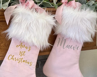 Baby's First Christmas Stocking, Pink and White Xmas Stocking, Grand baby Christmas Gift, Baby Girl's 1st Christmas