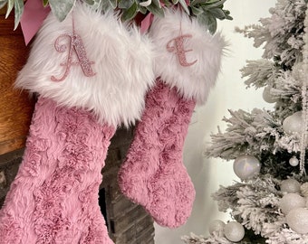 Woodrose Christmas Stocking, Rosewater Pink Xmas Decor, Personalized Baby Girl Christmas Stocking, Sparkle Christmas Decor, Pink Stocking