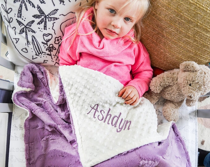 Personalized Baby Blanket, Elderberry lavender Hide Minky and You Choose Minky Dot Color, Newborn Girl gift, Baby Shower Gift